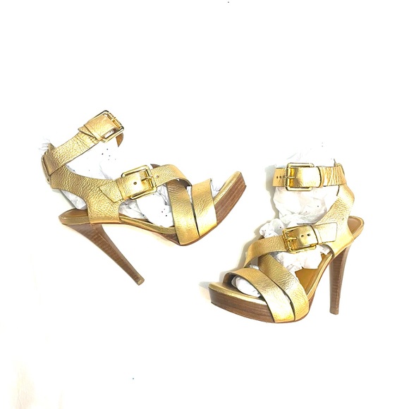 MK Gold Platform Strap Stilettos With Ankle Buckles Size 7 1/2 - Picture 1 of 13